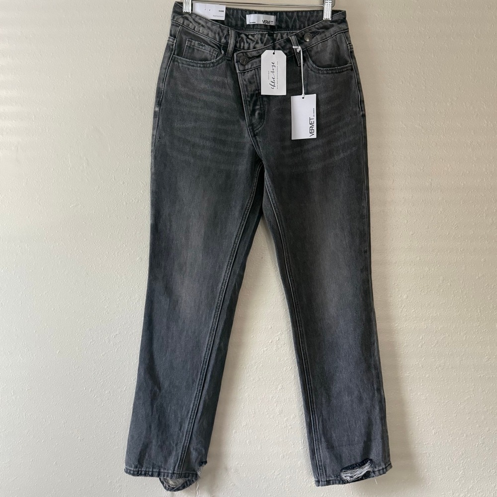 Vervet Kassie Crossover Waist Boyfriend Jeans Grey Washed Black 24 NWT